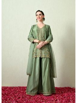 OHH CROW - Sage Green Embroidered Kurta and Sharara with Dupatta