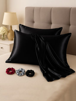 Kuber Industries - Black Satin Pillow Covers with 3 Scrunchies (Pack of 2)