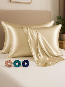 Kuber Industries - Cream Satin Pillow Covers with 3 Scrunchies (Pack of 2)