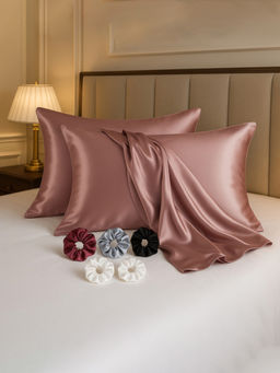 Kuber Industries - Copper Satin Pillow Covers with 3 Scrunchies (Pack of 2)
