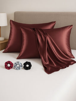 Kuber Industries - Maroon Satin Pillow Covers with 3 Scrunchies (Pack of 2)