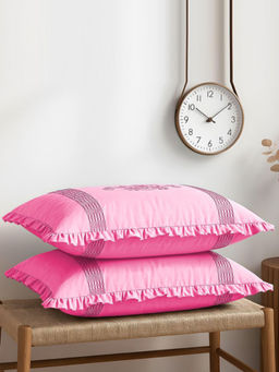 Kuber Industries - Pink Embroidered Floral & Ruffled Frill Border Pillow Covers (Pack of 2)