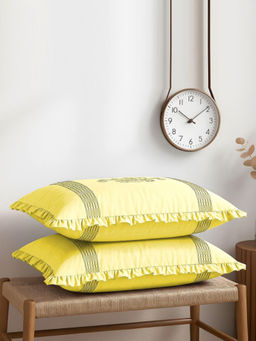 Kuber Industries - Yellow Embroidered Floral & Ruffled Frill Border Pillow Covers (Pack of 2)