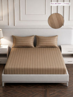 MULBERRY LIVING - Brown Elysian Stripes Cotton 300TC Bedsheet with 2 Pillow Covers (King)