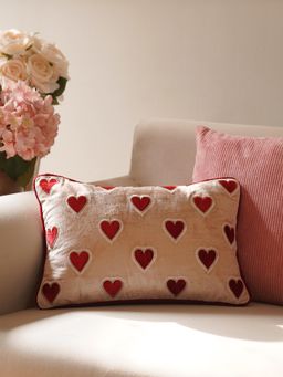 Pure Home + Living - Pink Red Heart Applie Rectangular Cushion Cover (12X18 Inches)