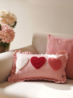 Pure Home + Living - Pink Heart Applique Ruffled Cotton Cushion Cover (12X18 Inches)
