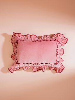 Pure Home + Living - Pink Bow Applique Ruffled Cushion Cover (12X18 Inches)