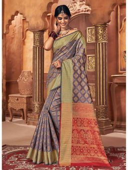 Sangam Prints - Grey Woven Zari Work Traditional Saree with Unstitched Blouse