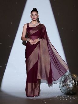 Swtantra - Sinful Burgundy Chiffon with Gold Border without Blouse