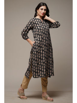 Biba - Womens Charcoal Printed Cotton Straight Kurta