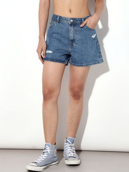 ONLY - Women Regular Fit High-Rise Blue Shorts