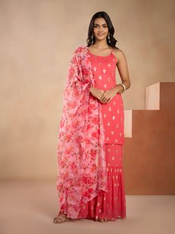 Gajra Gang - Tea-Time Coral Sequin Kurta Sharara Dupatta GGSKD83 (Set of 3)