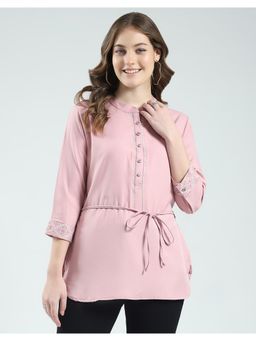 Monte Carlo - Womens Solid Mandarin Neck Top with Belt (Set of 2)