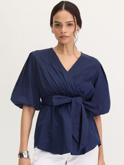 Femmella - Navy Cotton Wrap Top With Belt (Set of 2)