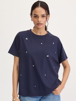Femmella - Navy Rhinestone Embellished T-shirt