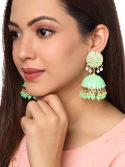 Yellow Chimes - Women Green Meenakari Jhumkas Earrings
