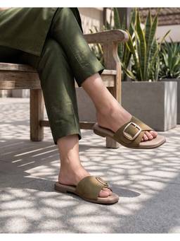 Global Step - Olive Classic Buckle Open Toe Flats