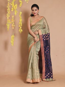 CHARUKRITI - Green Cotton Zari Motifs & Striped Pallu Handwoven Saree with Unstitched Blouse