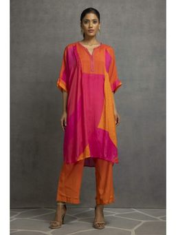 Kahani Lush - Orange Pink Printed Pleated Kurta In Cotton Silk Base