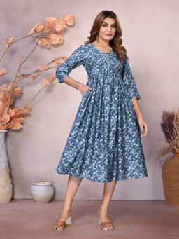 Rangita - Women Blue Chanderi Embroidered Calf Length Flared Dress
