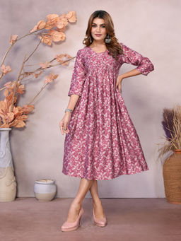 Rangita - Women Pink Chanderi Embroidered Calf Length Flared Dress