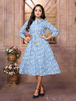 Rangita - Women Blue Cotton Printed Calf Length Flared Dress with Drawstring At Waist