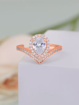 Ornate Jewels - 925 Silver Rose Gold American Diamond Tear Drop Adjustable Ring for Women & Girls