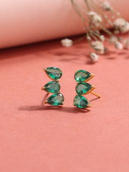 Ornate Jewels - 925 Silver Yellow Gold Green Emerald Trilogy Stud Earring for Women & Girls