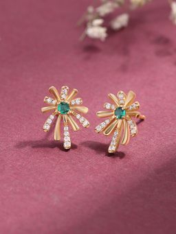 Ornate Jewels - 925 Silver Yellow Gold Green Emerald Flower Stud Earring for Women & Girls