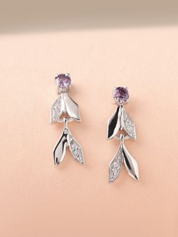Ornate Jewels - 925 Silver Rhodium Plating Round Purple Amethyst Leaf Earring for Women & Girls