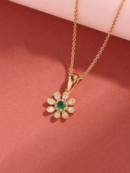 Ornate Jewels - 925 Silver Yellow Gold Green Emerald Flower Pendant with Chain for Women & Girls