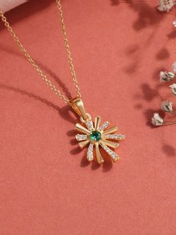 Ornate Jewels - 925 Silver Yellow Gold Green Emerald Flower Pendant with Chain for Women & Girls