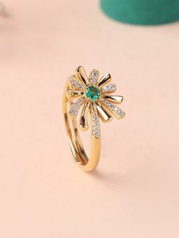 Ornate Jewels - 925 Silver Yellow Gold Green Emerald Flower Adjustable Ring for Women & Girls