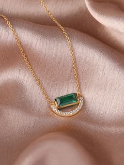 Ornate Jewels - 925 Silver Yellow Gold Green Emerald Half Moon Necklace for Women & Girls