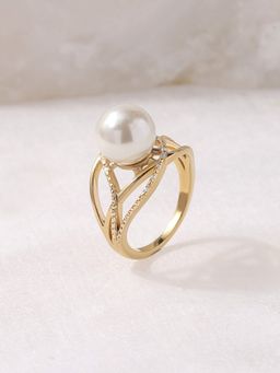 Ornate Jewels - 925 Silver Yellow Gold Round Shell Pearl Crossover Ring for Women & Girls