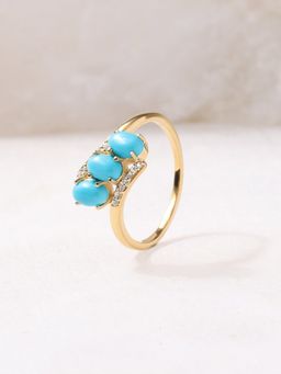 Ornate Jewels - 925 Silver Yellow Gold Oval Turquoise Triology Ring for Women & Girls
