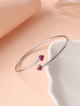 Ornate Jewels - 925 Hallmark Rhodium Plating Heart Red CZ Cuff Bangle for Women & Girls