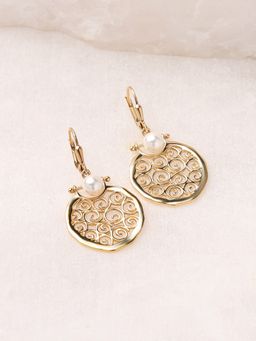Ornate Jewels - 925 Silver Yellow Gold Round Shell Pearl Glam Filigree Earring for Women & Girls