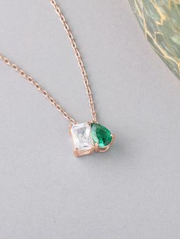 Ornate Jewels - 925 Silver Rose Gold Green Emerald Pendant With Chain for Women & Girls