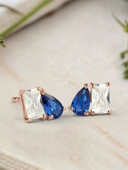Ornate Jewels - 925 Silver Rose Gold Blue Sapphire Toi Et Moi Stud Earring Women & Girls