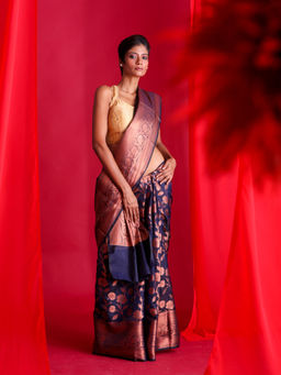 Beatitude - Navy Blue Woven Banarasi Saree with Unstitched Blouse