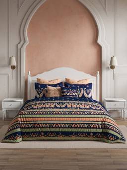 Ddecor Live Beautiful - Cotton Blue Ethnic 210TC Super King Bedsheet with Pillow Cover