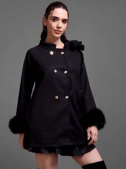 IKI CHIC - Black Double-Breasted Winter Coat with Fur Cuffs