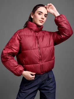 IKI CHIC - Maroon Front Zipper Puffer Jacket
