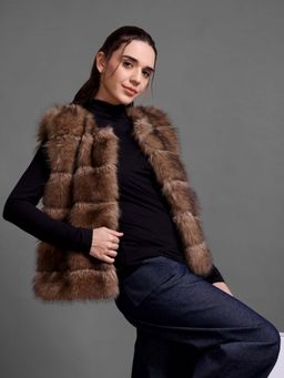 IKI CHIC - Brown Sleeveless Chinchilla Fur Jacket
