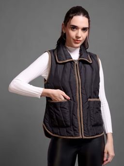 IKI CHIC - Black Quilted Contrast-Trim Puffer Vest Coat
