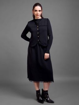 IKI CHIC - Black Woollen Midi Dress with Front Open Vest