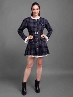 IKI CHIC - Navy Blue Checkered Pleated Button-Down Dress with Belt