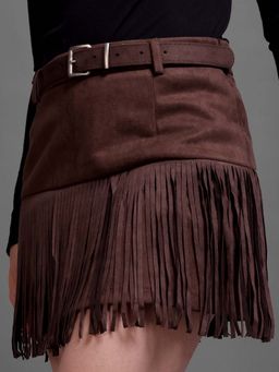 IKI CHIC - Brown Suede Fringed A-Line Mini Skirt