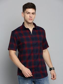 SHOWOFFFF - Mens Spread Collar Navy Blue Checked Shirt
